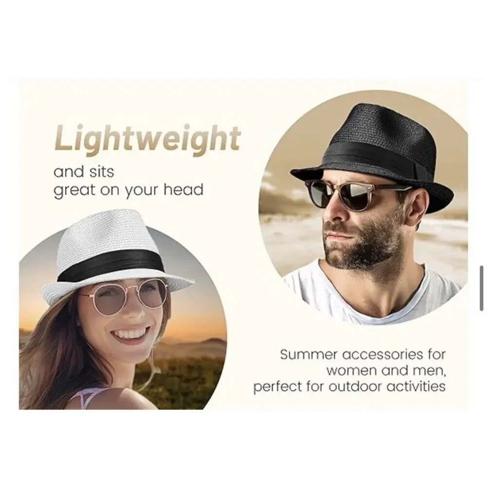 Unisex Straw Fedora Trilby Hat UPF 50+ Packable Summer Beach Sun Hat Size L/XL‎